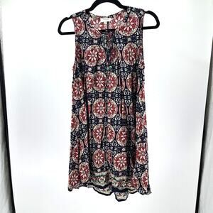 Umgee Mini Dress S Floral Geo Print Sleeveless Tie Neck Swing Boho Navy Red